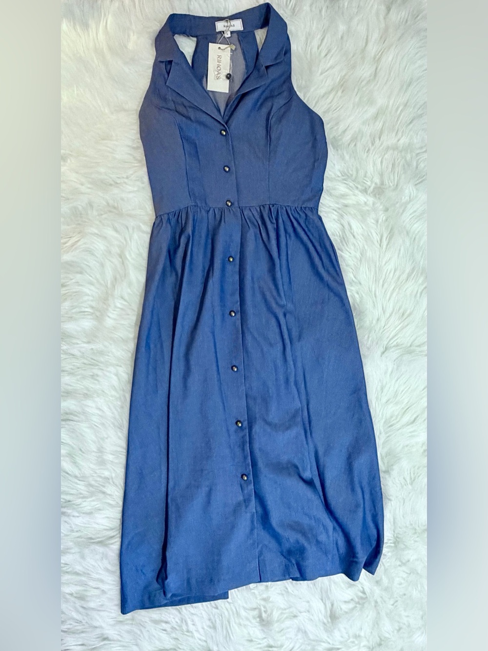 RIHOAS Blue Chambray Lapel Button Front Midi Dress Size S NWT - Picture 2 of 14